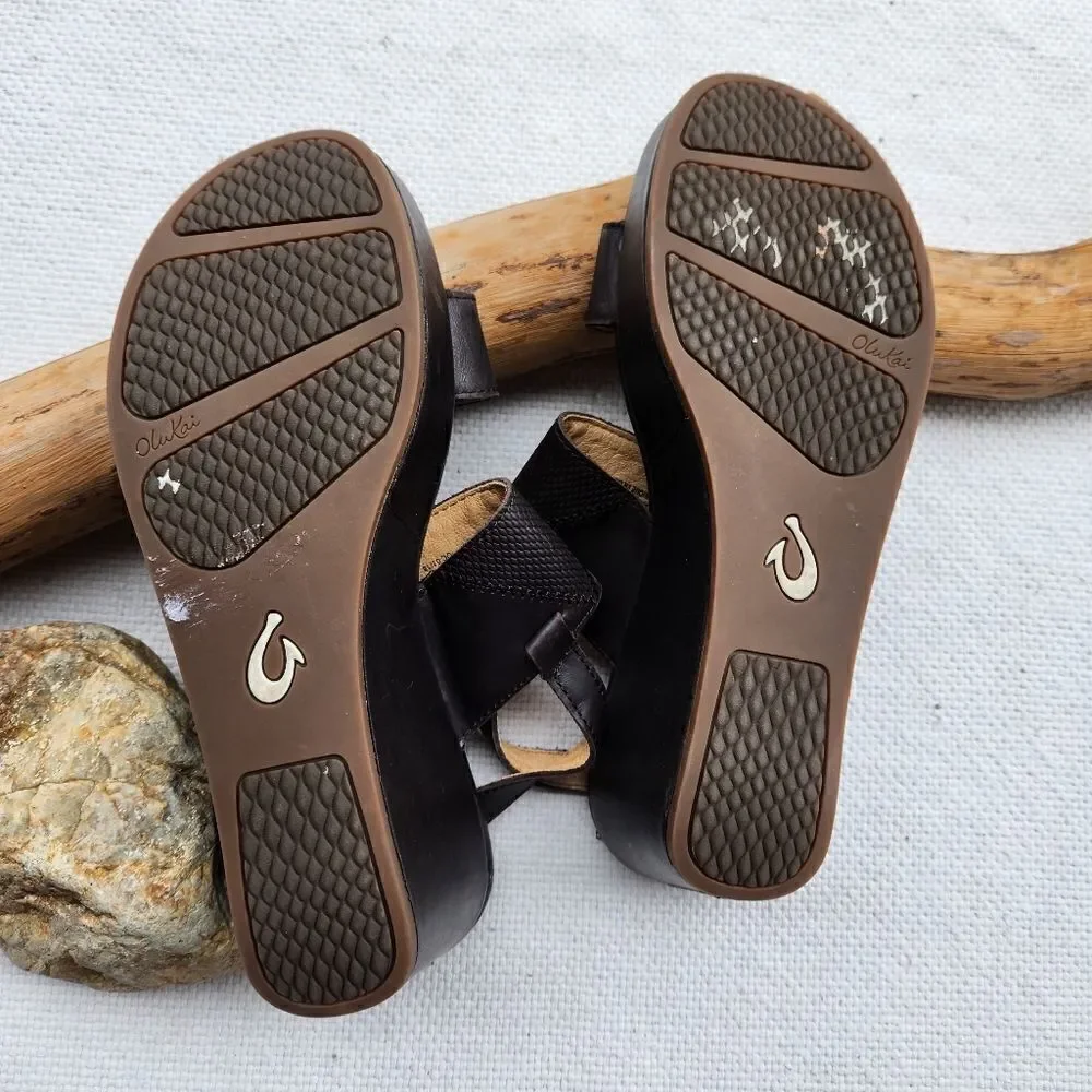 Olukai keha dark brown wedge platform sandals